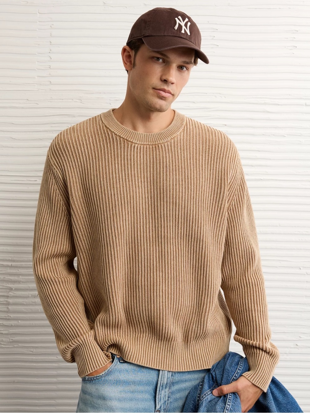 AE Fisherman Crew Neck Sweater In Chocolate Brown Tan Ribbed Mens Size Medium